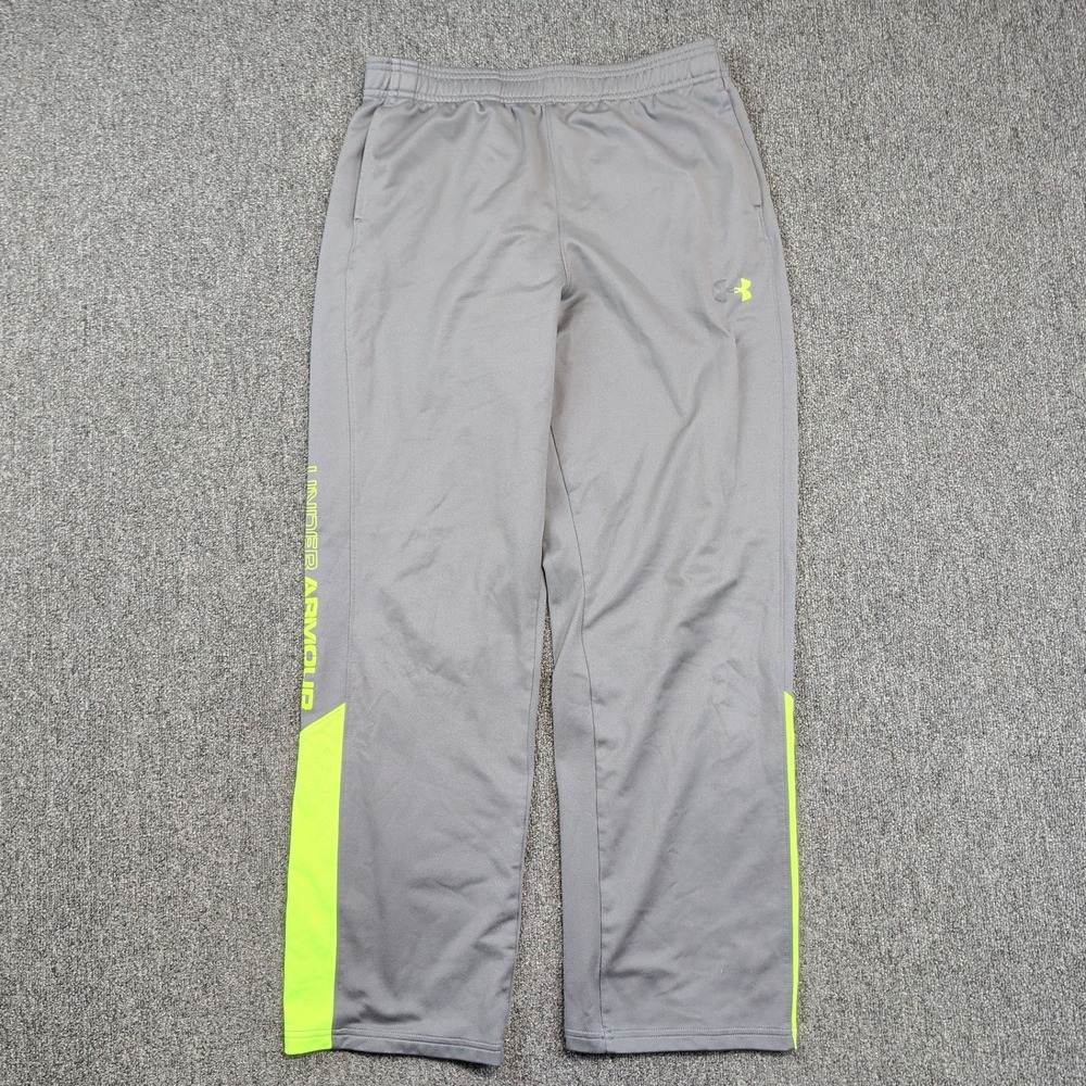Under Armour Youth XL Gray Neon Yellow Loose Fit Athletic Track Pants Sporty